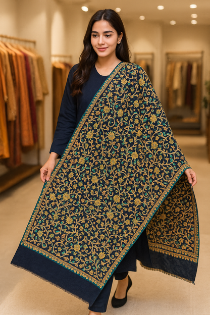 Kashmiri Aari Embroidered Wool Shawl Midnight Garden