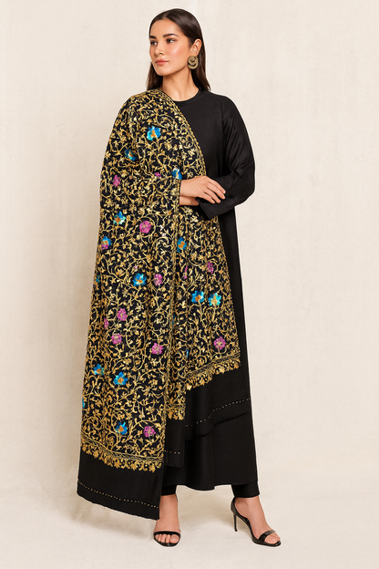 Luxury Black Pashmina Shawl – Multicolor Floral Aari Embroidery
