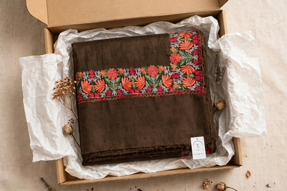 Noor - Mocha Brown Pure Pashmina Aari Embroidered Border Shawl