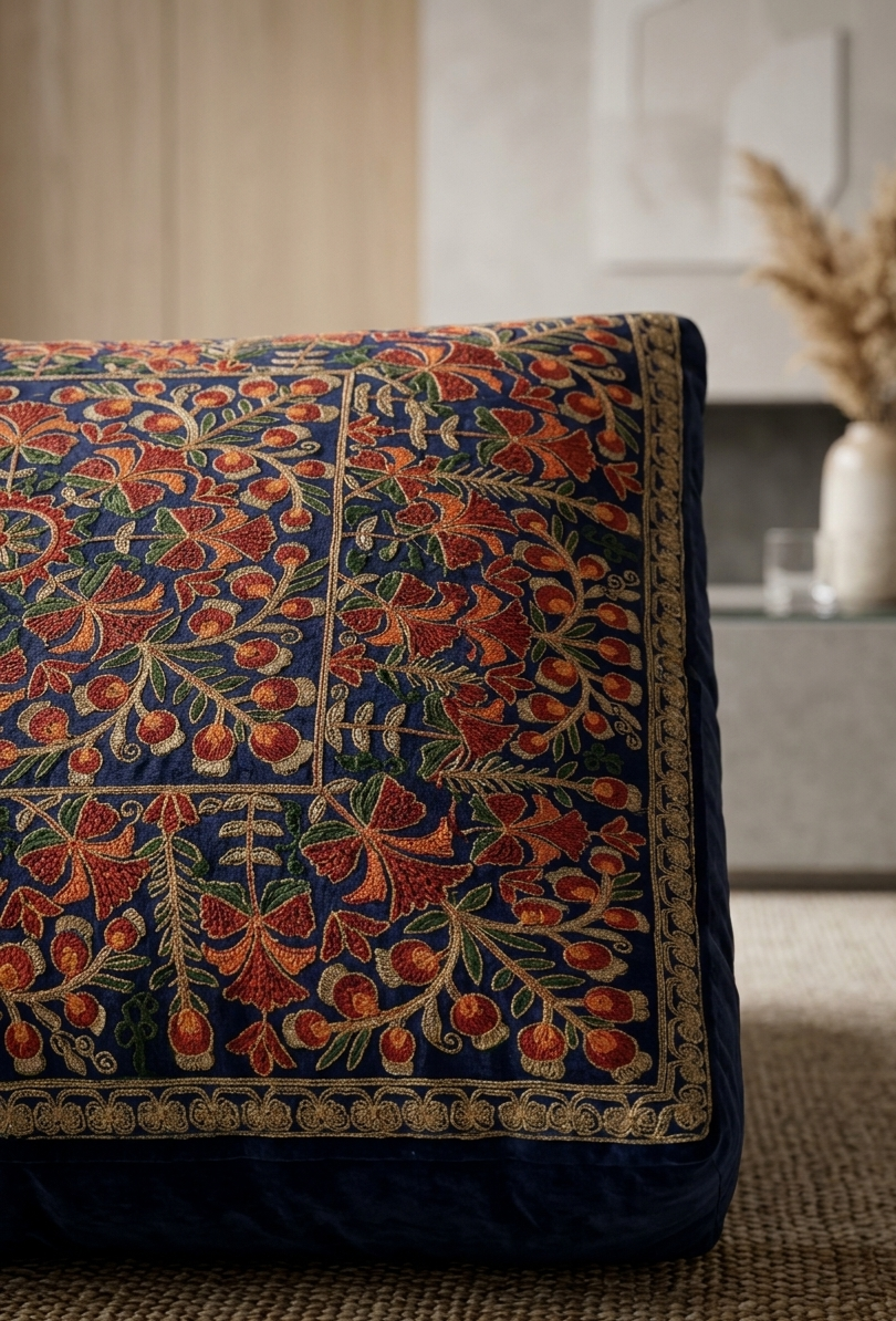 Floral Medallion Embroidered Silk Floor Cushion