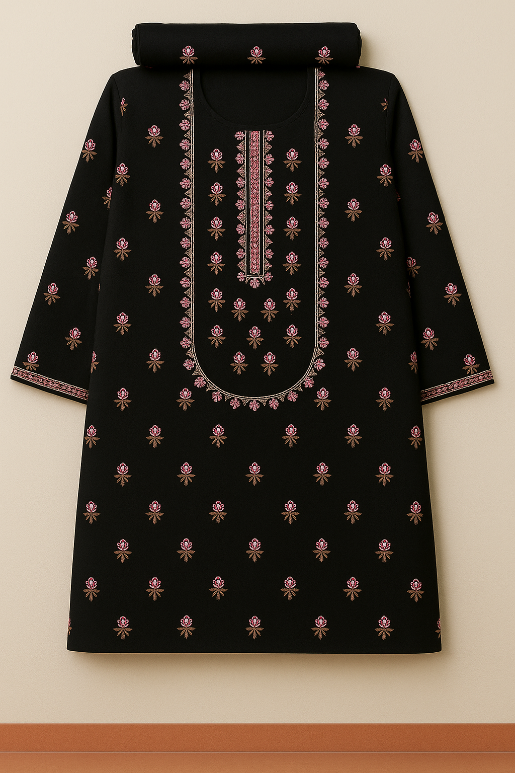 2PC Unstitched Embroidered Lawn Suit – Black & Magenta