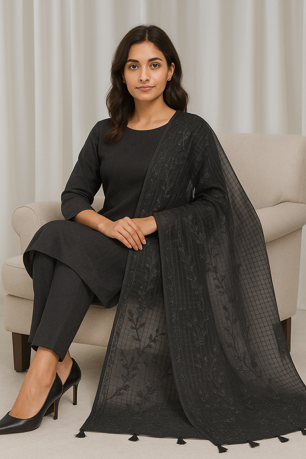 “Blackish Grey Lawn Dupatta with Stone & Thread Embroidery”