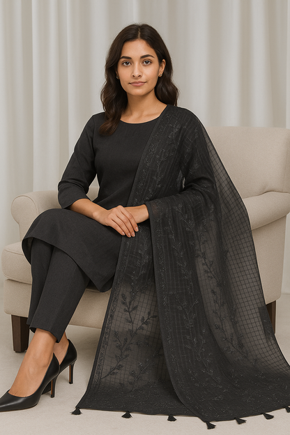 “Blackish Grey Lawn Dupatta with Stone & Thread Embroidery”