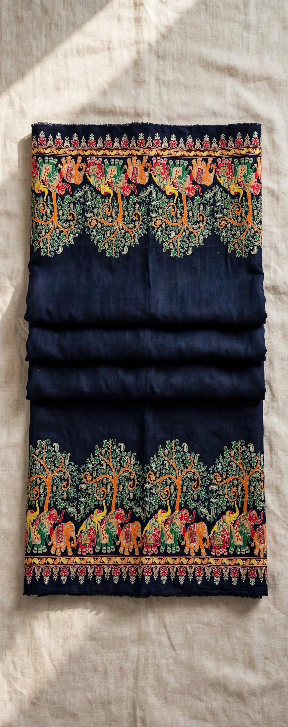 Noir Mughal Baagh Pashmina Shawl - Navy Blue Elephant Embroidered Border Shawl