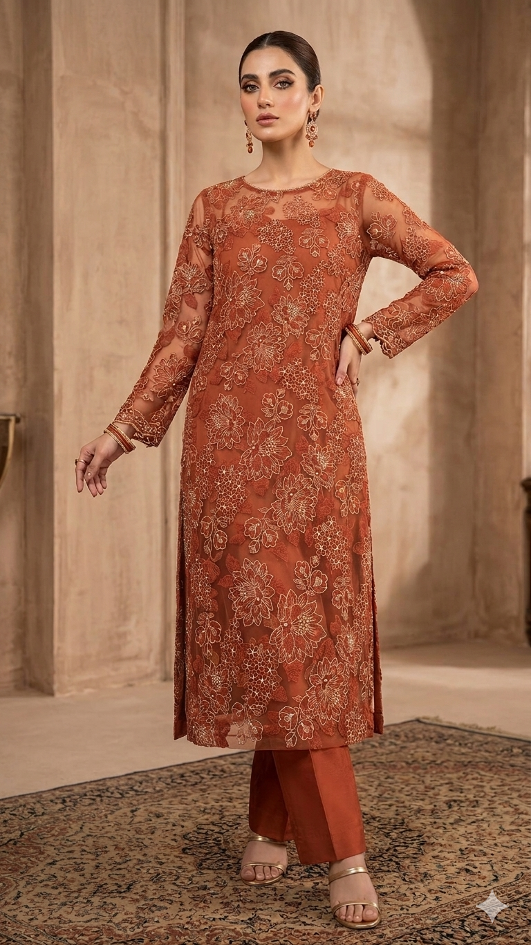Rust Embroidered Bareeze Net & Chiffon Ensemble