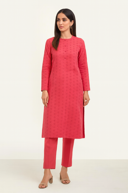 Chikankari Embroidered Unstitched Lawn Shirt. Fuchsia maroon