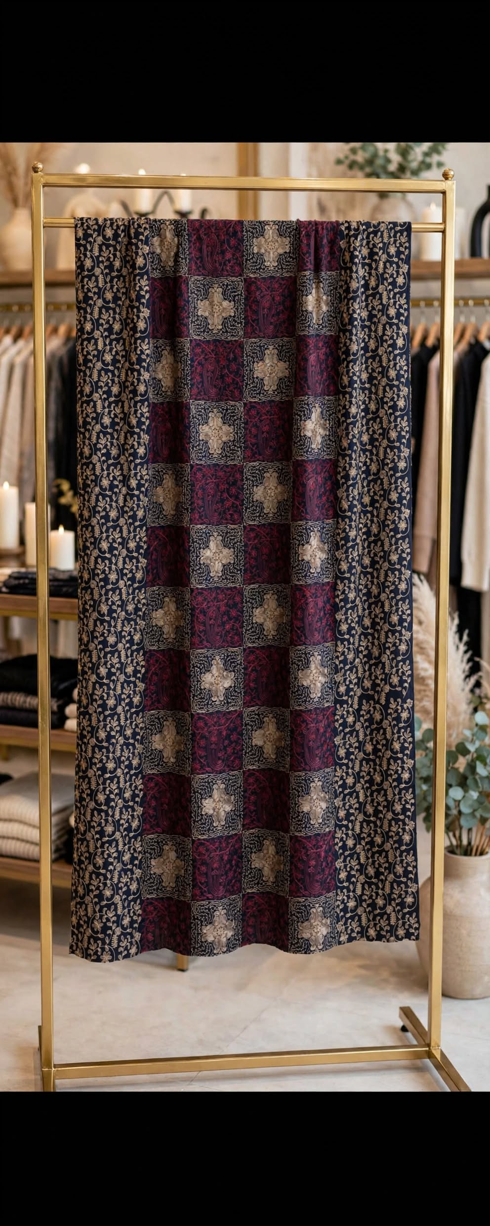 Navy Blue Burgundy Checkered Pashmina Shawl