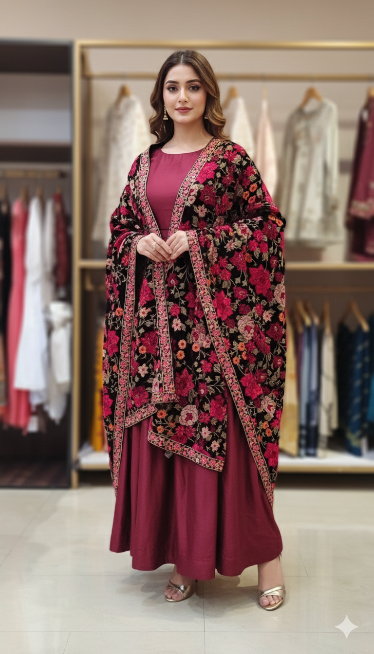 Luxury Velvet Embroidered Shawl – Floral Grandeur
