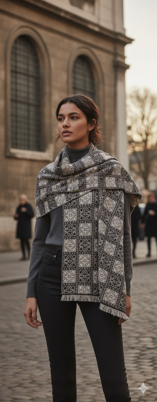 Elegant Black & Beige Wool Stoler  Geometric Floral Pattern