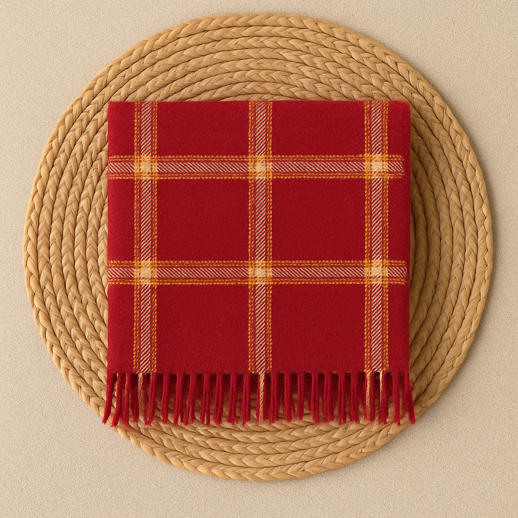 Classic Red Plaid Pashmina Shawl with Golden Checks