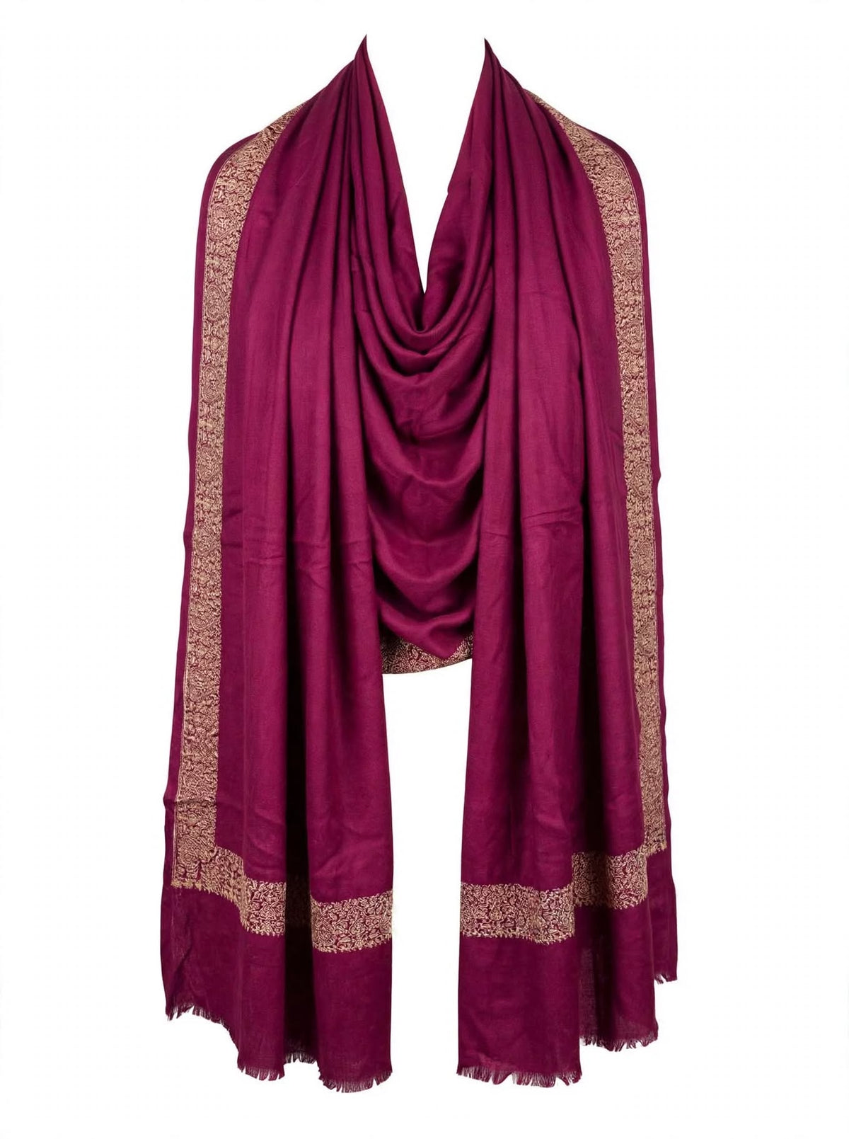 Plum Pashmina Shawl - Gold Embroidered Border - Formal Wrap