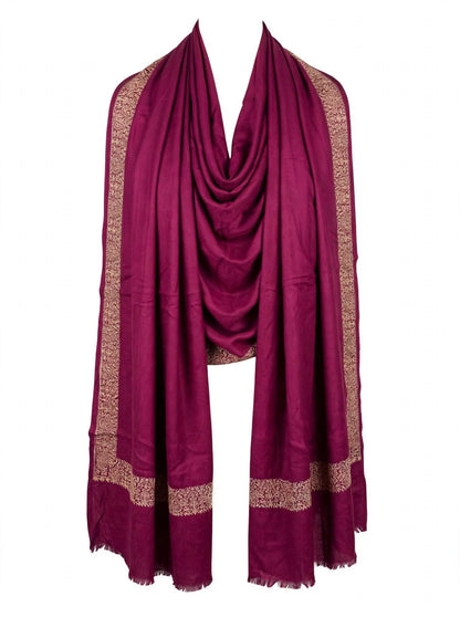 Plum Pashmina Shawl - Gold Embroidered Border - Formal Wrap