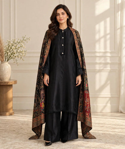 Noir Raqs - Premium Black Meenakari Shawl with Mughal Storytelling Art