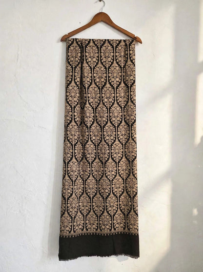 Women's Dark Brown & Black Aari Work Shawl - Full Embroidered Pashmina Wool Shawl