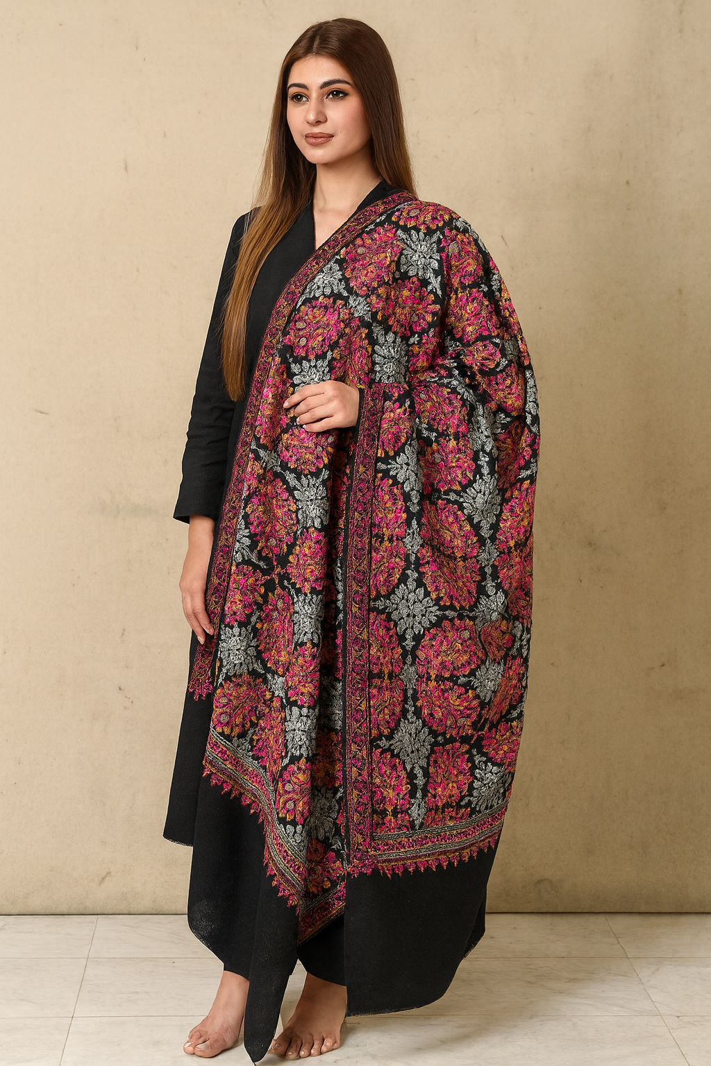 Luxury Embroidered Pashmina Shawl – Black with Multicolor Floral Motifs