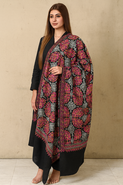 Luxury Embroidered Pashmina Shawl – Black with Multicolor Floral Motifs