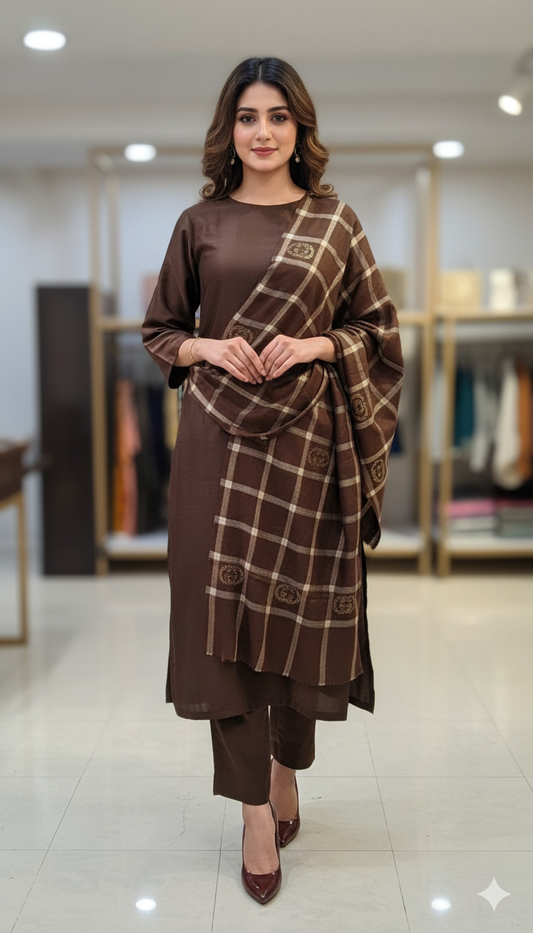 Chocolate Brown Checkered Pashmina shawl