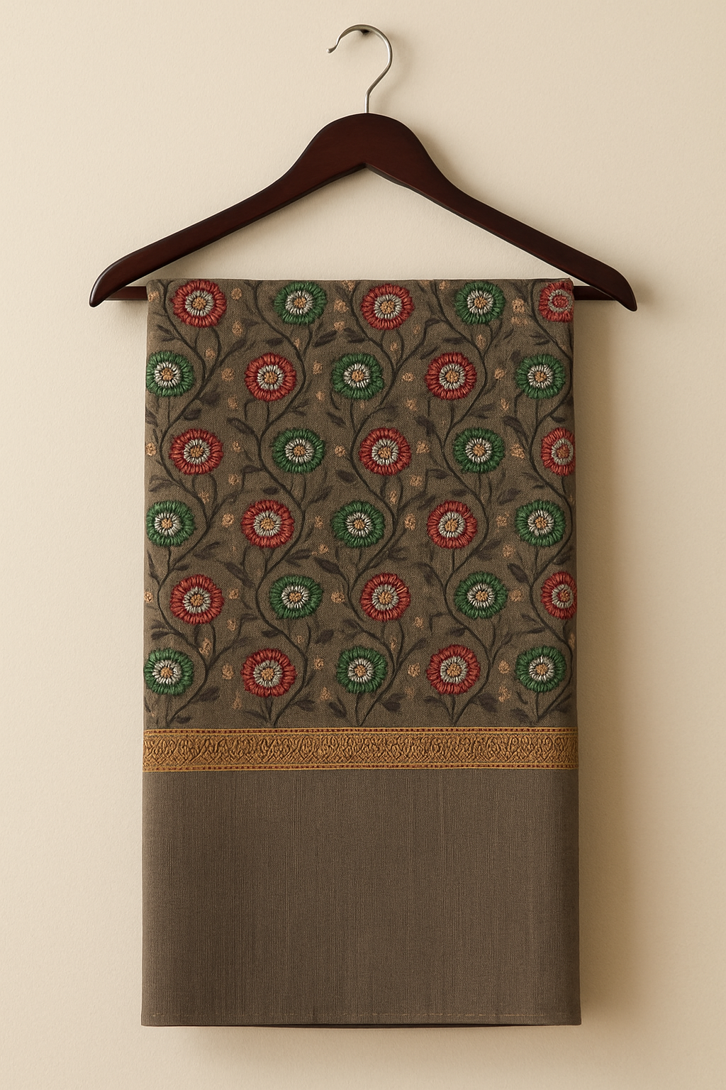 Luxury Floral Pashmina Shawl – Red & Green Embroidery on Taupe Base