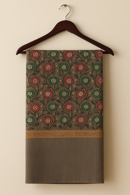 Luxury Floral Pashmina Shawl – Red & Green Embroidery on Taupe Base