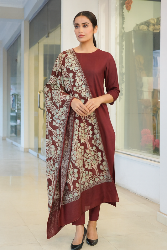 Elegant Maroon Tree Pattern Pashmina Shawl