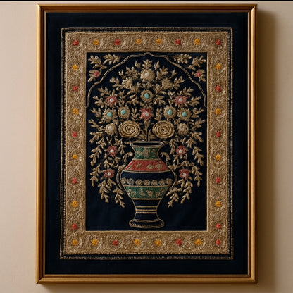Luxury Zardozi Embroidery Wall Art – Handcrafted Floral Vase Design on Velvet with Golden Threadwork