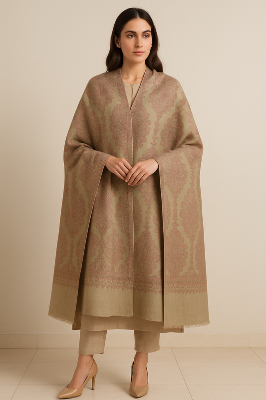 Elegant Beige & Rose Motif Pashmina Shawl