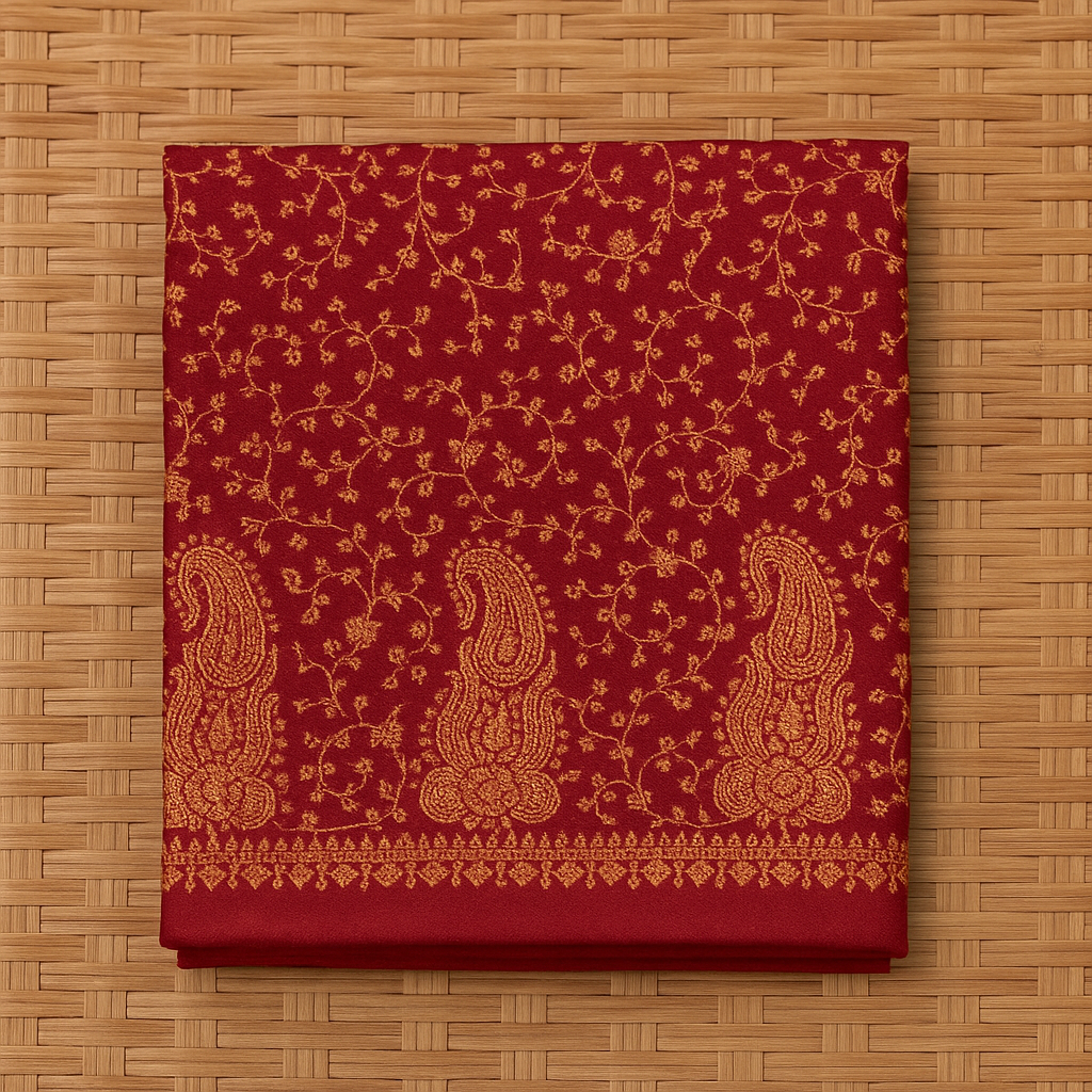 Deep maroon base with rust-gold needle embroidery.