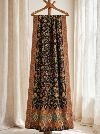 Heirloom Black Floral Kani Silk Dupatta - Pure Handwoven Kashmiri Luxury