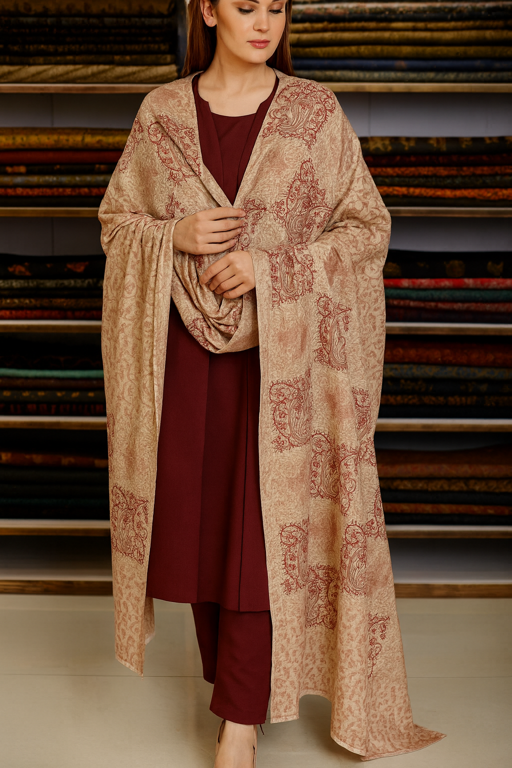 Beige and maroon pashmina shawl