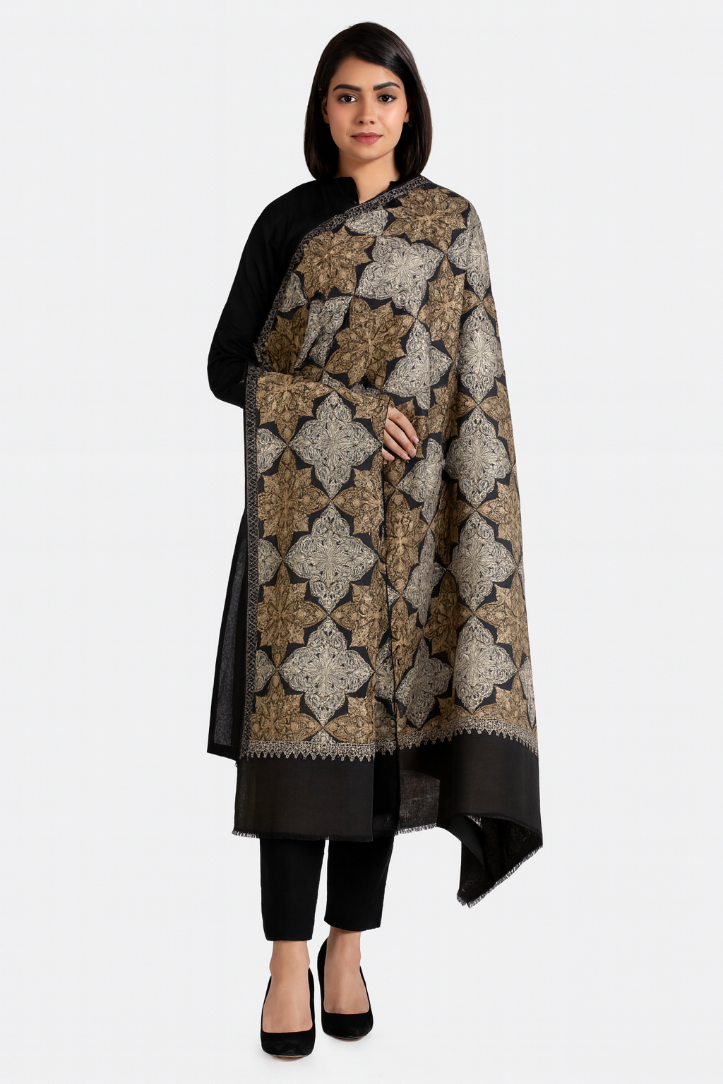 Luxury Pashmina Shawl – Antique Gold & Silver Motifs