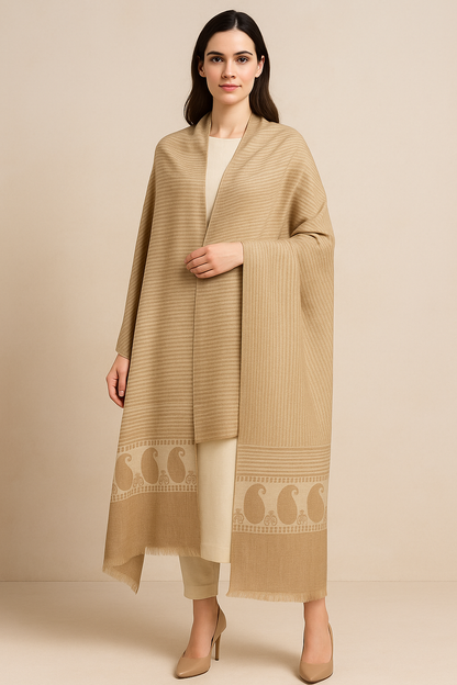 Elegant Beige Pashmina Shawl with Paisley Border