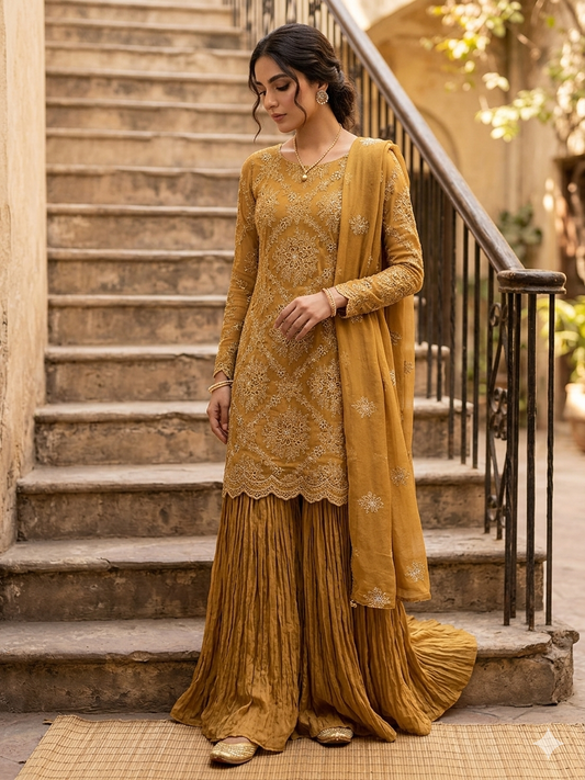 Mustard Laser-Cut Embroidered Bareeze Shirt with Chiffon Dupatta