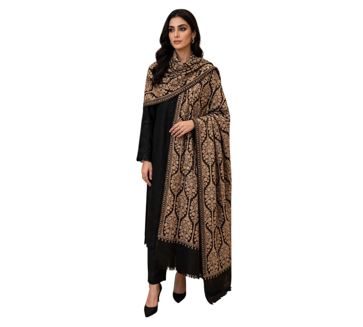 Women's Dark Brown & Black Aari Work Shawl - Full Embroidered Pashmina Wool Shawl