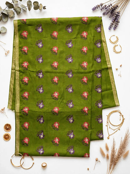 Olive Green Floral Embroidered Pashmina Shawl with Gold Zari Border