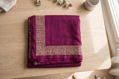 Plum Pashmina Shawl - Gold Embroidered Border - Formal Wrap