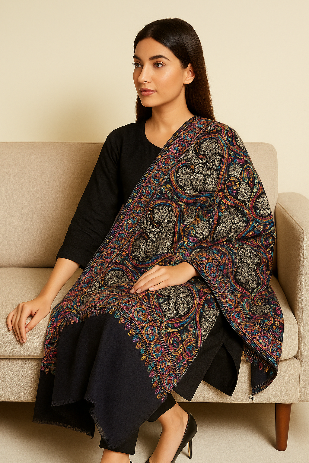 Luxury Kashmiri Aari Embroidered Pashmina Shawl Midnight Black