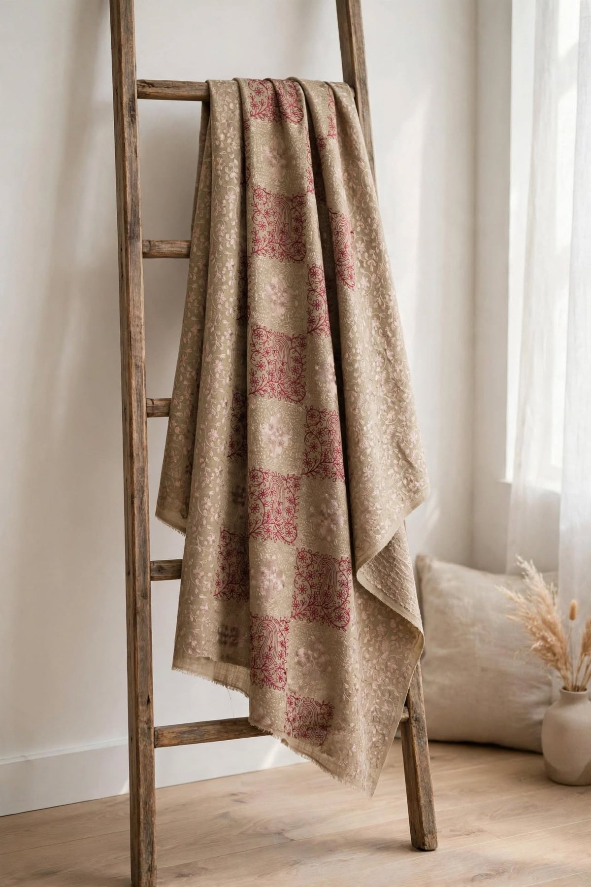 Beige Pashmina Aari Embroidery Shawl