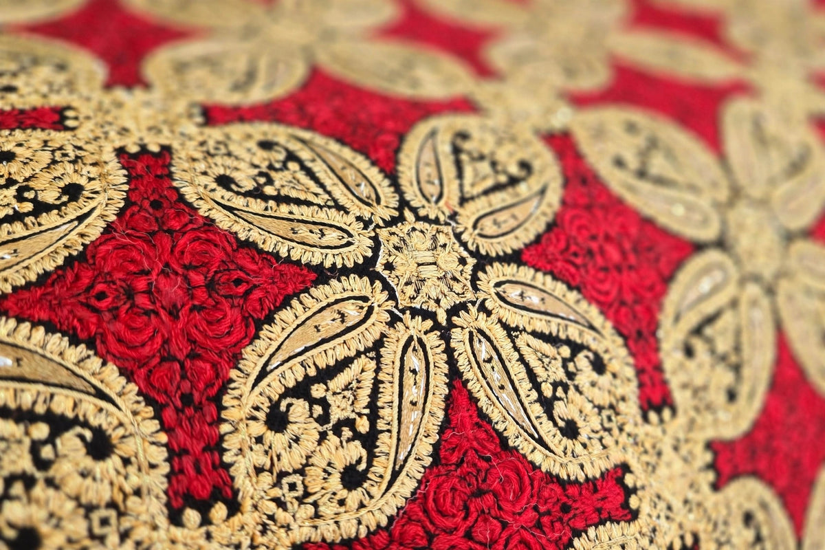 Traditional Kashmir Pashmina Shawl  Crimson & Gold Tilla Embroidery Wrap