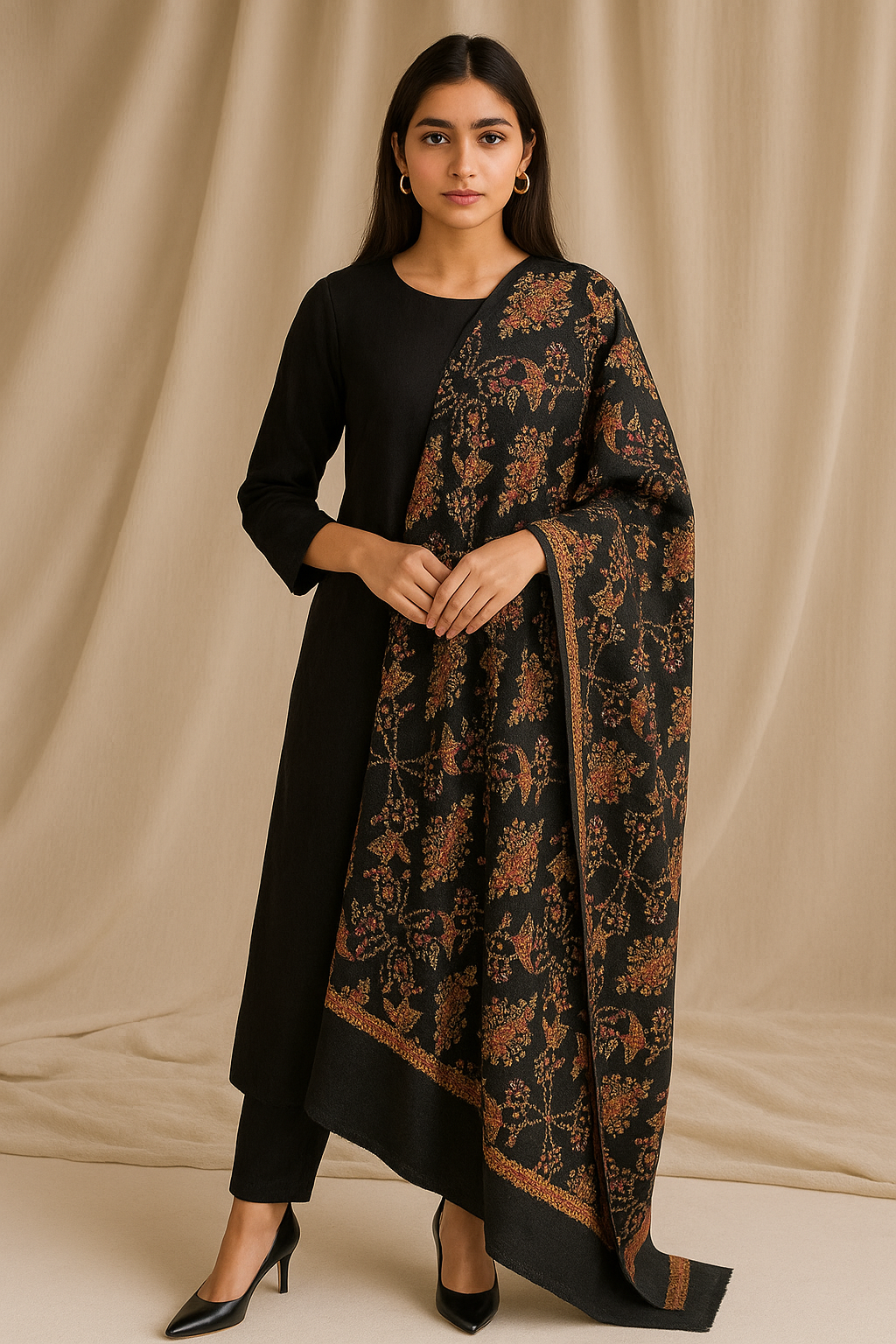 Luxury Needle Embroidery Pashmina Shawl – Black Floral Elegance