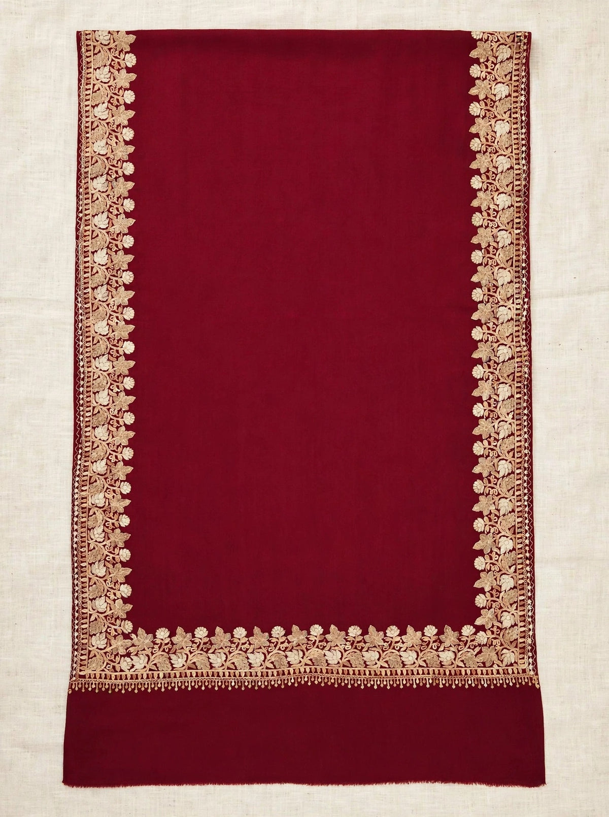 Noor - Maroon Gold Embroidered Pashmina Shawl | Kashmiri Aari Work