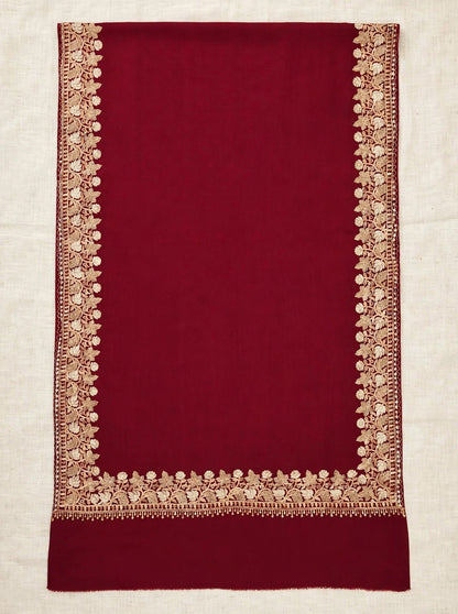 Noor - Maroon Gold Embroidered Pashmina Shawl | Kashmiri Aari Work