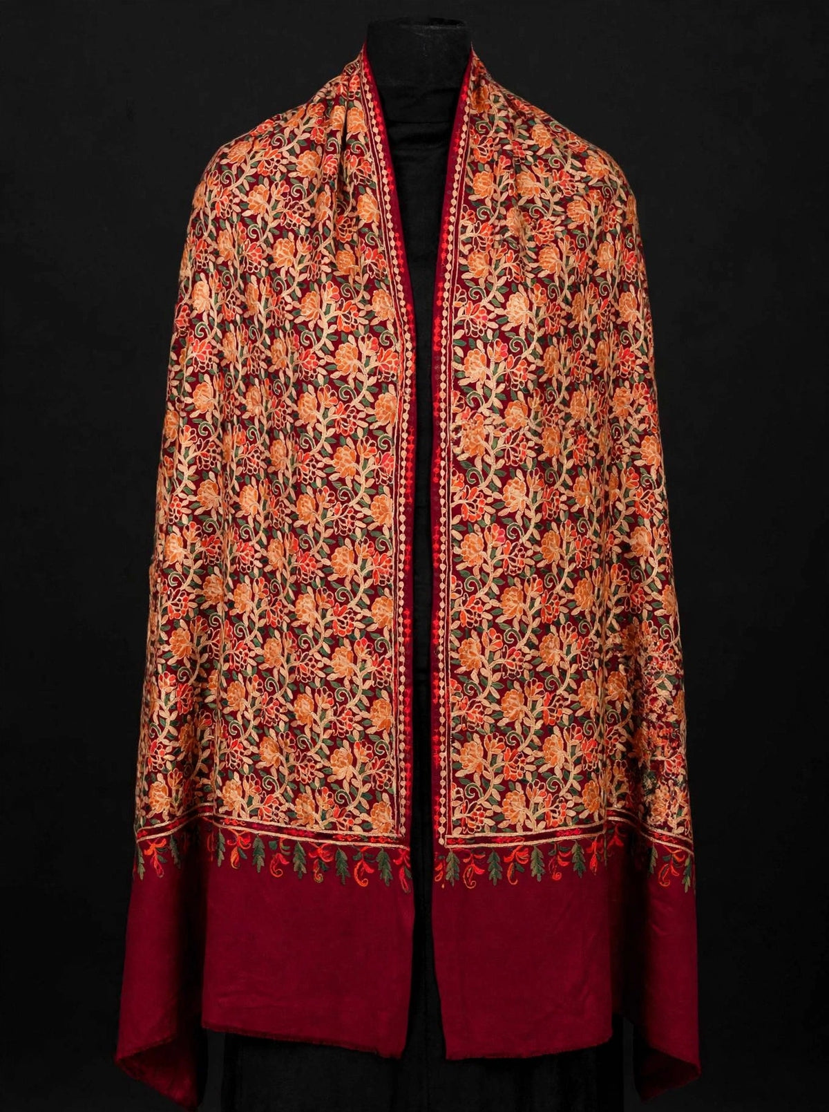 Embroidered Burgundy Pashmina Shawl - Heirloom Kashmiri Aari Work