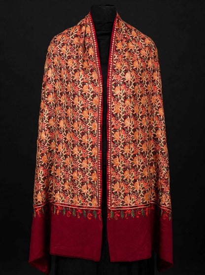 Embroidered Burgundy Pashmina Shawl - Heirloom Kashmiri Aari Work