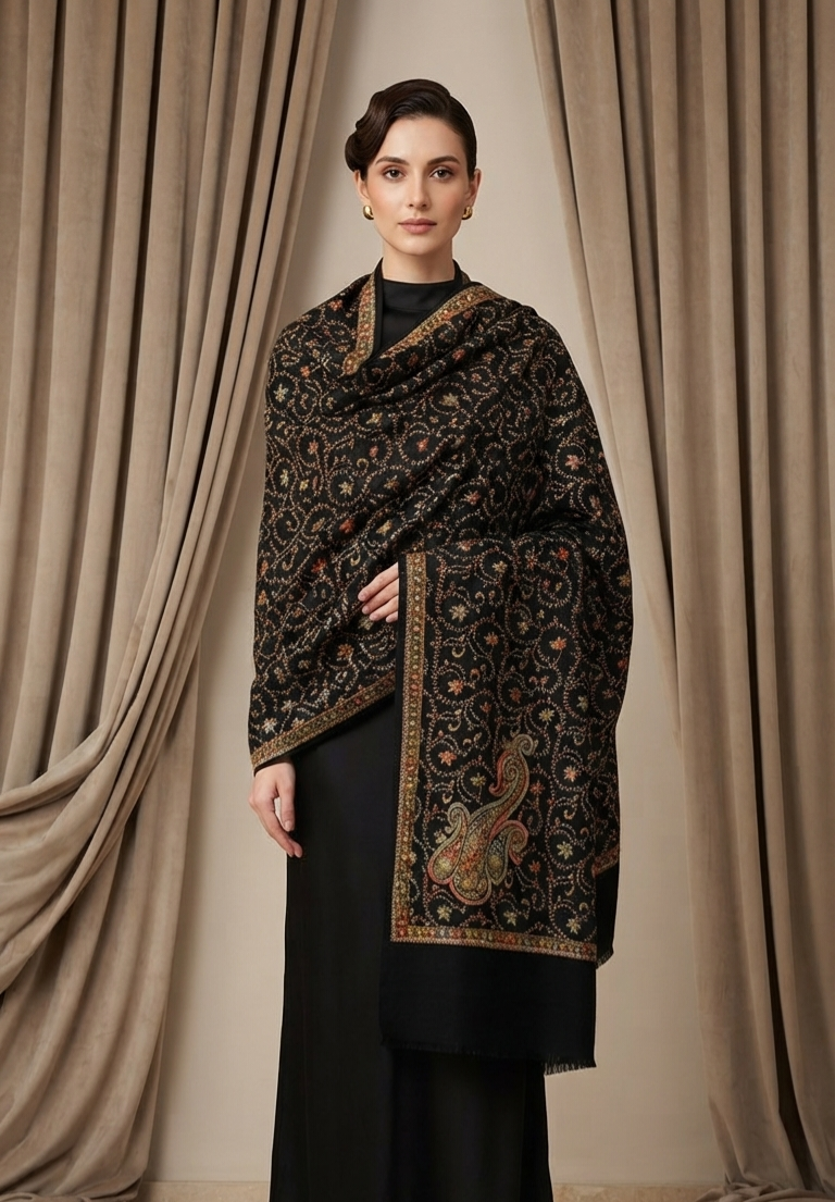 Black Pure Pashmina Shawl with Intricate Sozni Needle Work