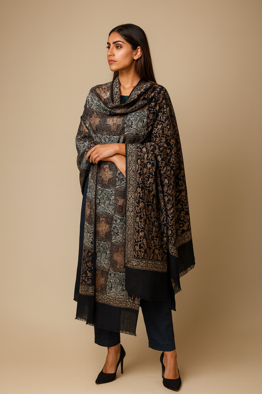 Luxury Pashmina Shawl with Aari Embroidery Black & Bronze