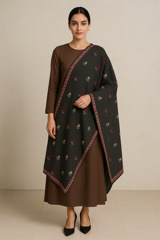 Black Pashmina Shawl with Floral Motifs & Red Border