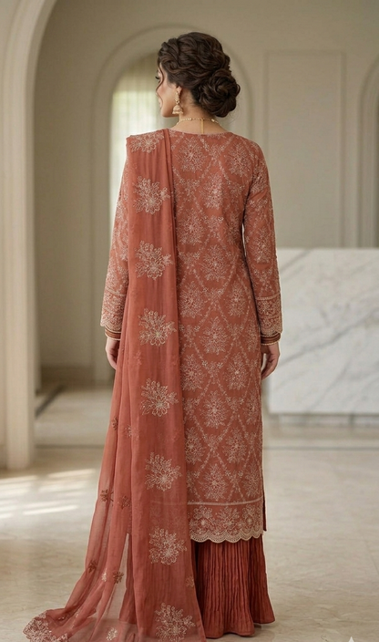 Timeless Elegance: Rust Chiffon Laser-Cut Embroidered Ensemble