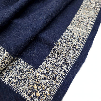 Navy Blue Pashmina Shawl with Gold Zari Paisley Border