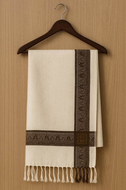 Elegant Off-White Pashmina Jacquard Shawl with Classic Brown Border