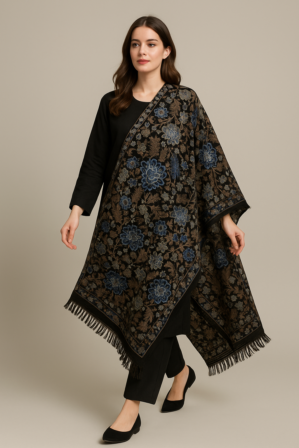 Luxury Karandi Embroidered Shawl – Black with Blue & Beige Aari Work